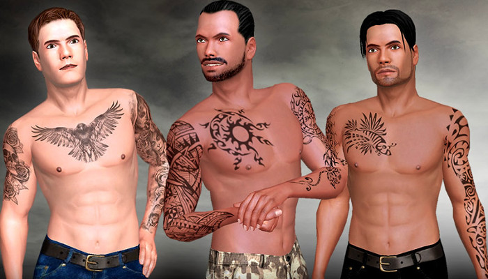AChat — Three shirtless male avatars displaying chest tattoos.