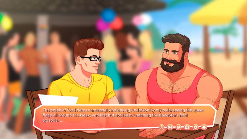 Freezer Pops: A Hot Bara Business — Two muscular adult men talking at a colorful seaside café — Freezer Pops game screenshot.