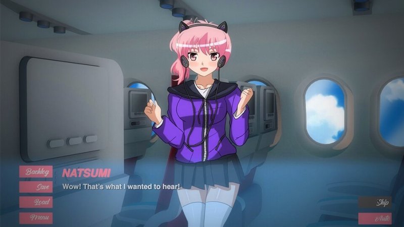 Pleasure Airlines — Flight attendant character during an airplane dialogue scene — Pleasure Airlines game screenshot.