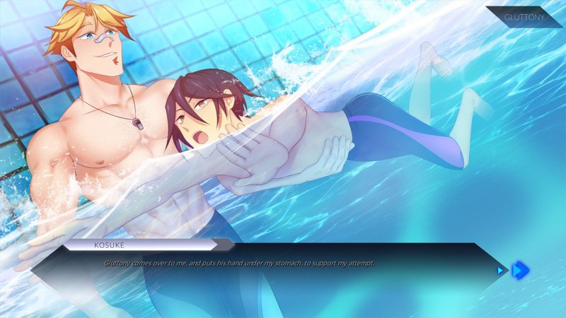 Sinsations — Two male anime characters embracing near water — Sinsations game screenshot.